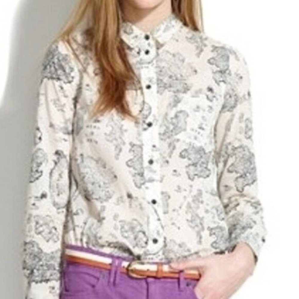 Madewell 100% Organic Cotton White & Black Map Long Sleeve Button Up Shirt XS